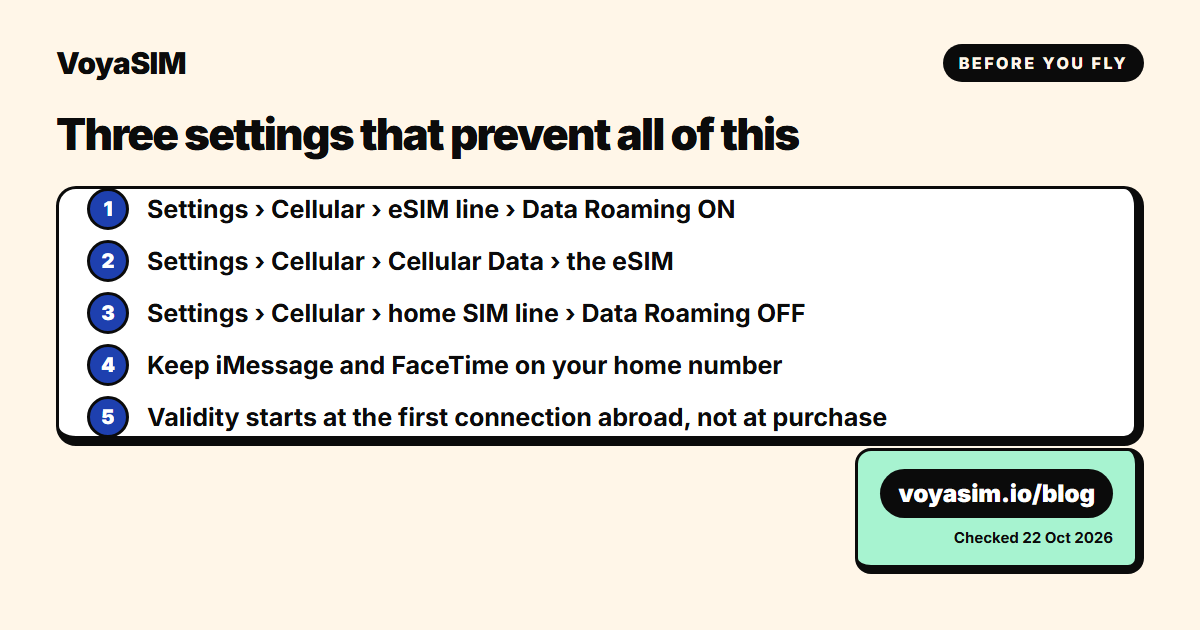 Settings path card: Settings → Cellular → eSIM line → Data Roaming on; Cellular Data → eSIM